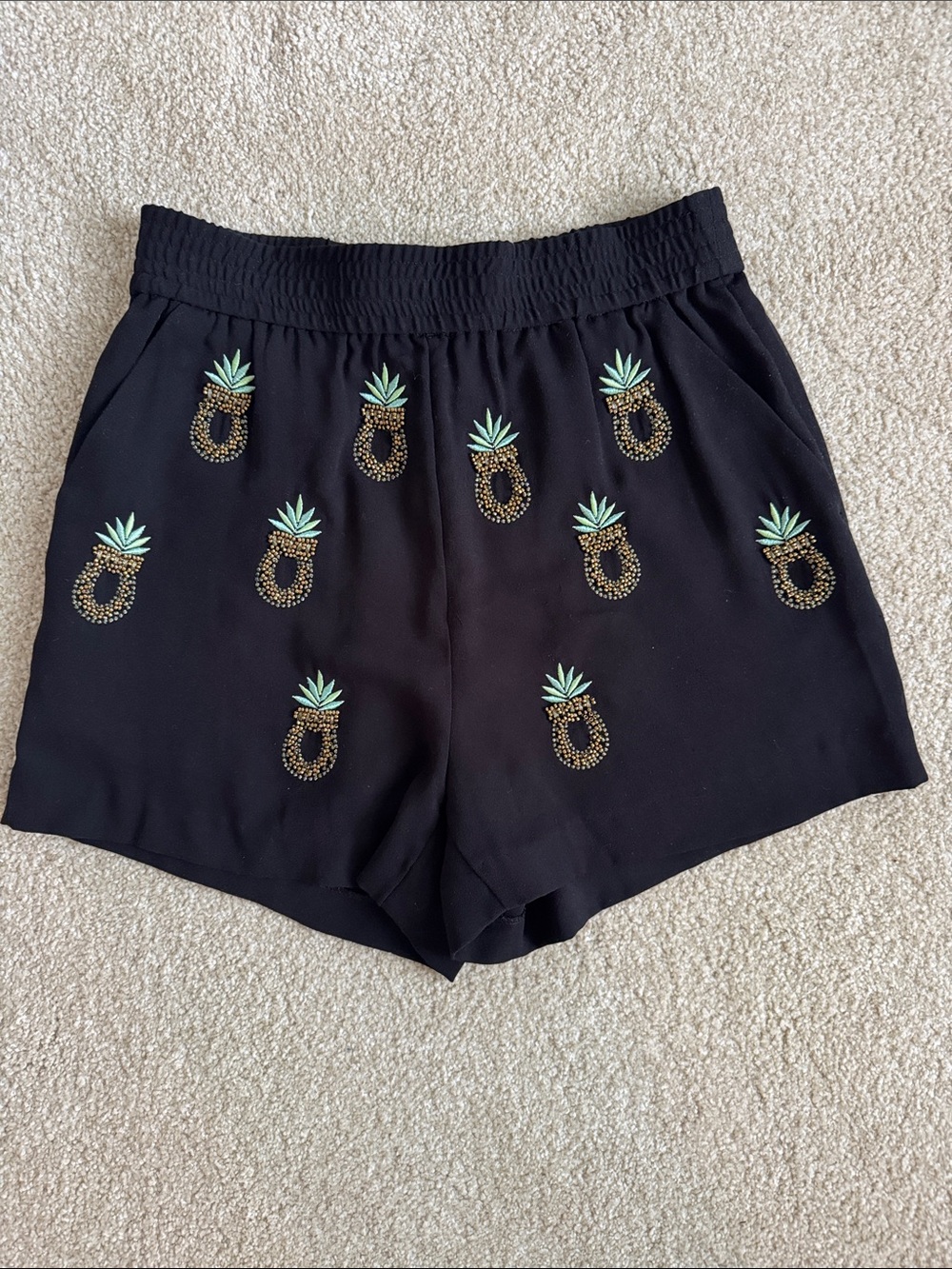 H&M Black High-Waist Shorts with Pineapple Embroidery